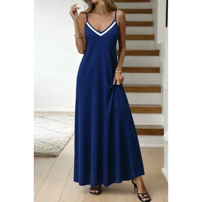 USLUCAN ALIŞVERİŞ Kadın Ip Askılı V şerit Yakalı Uzun Viskon Elbise