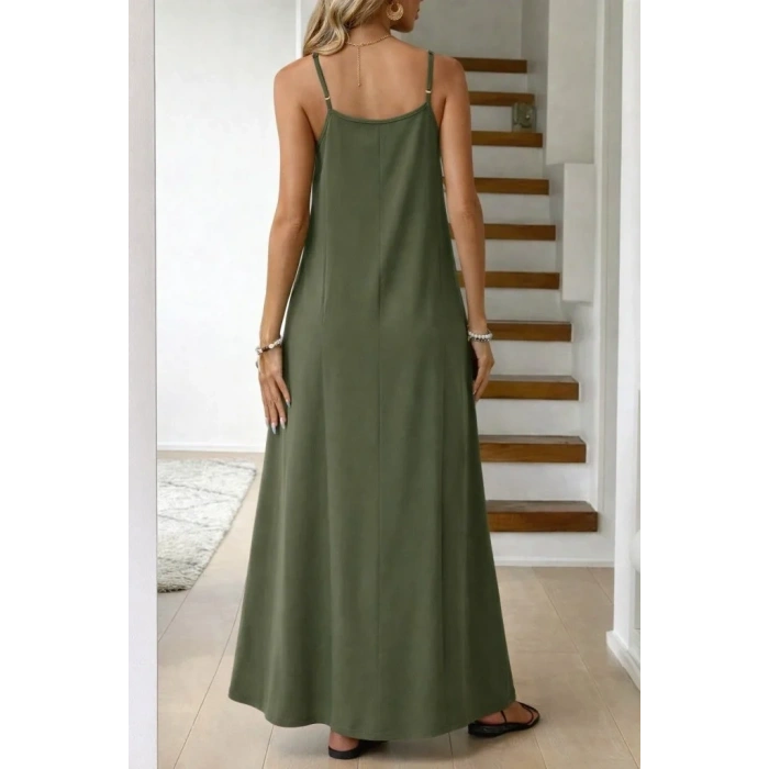 USLUCAN ALIŞVERİŞ Kadın Ip Askılı V şerit Yakalı Uzun Viskon Elbise