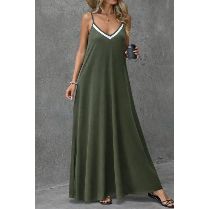 USLUCAN ALIŞVERİŞ Kadın Ip Askılı V şerit Yakalı Uzun Viskon Elbise