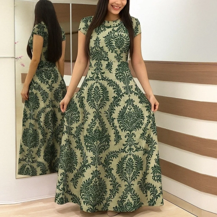 USLUCAN ALIŞVERİŞ Kadın Kısa Kollu Bisiklet Yaka Puantiyeli Maksi örme Krep Elbise