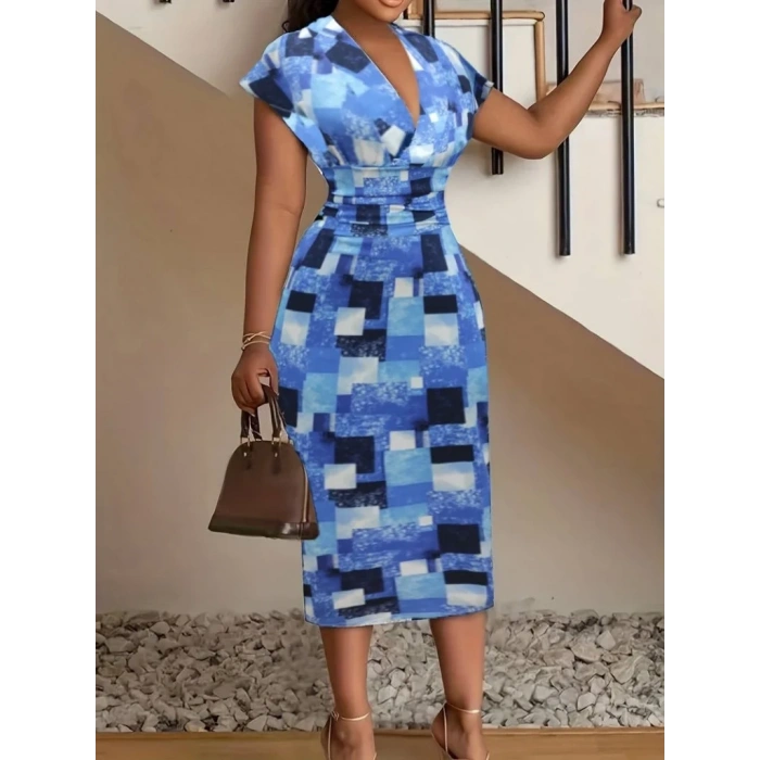 USLUCAN ALIŞVERİŞ Kadın Kısa Kollu Derin V Yaka Dalgıç Midi Elbise