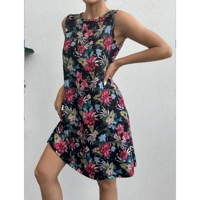 USLUCAN ALIŞVERİŞ Kadın Renkli çiçek Baskılı Süprem Elbise