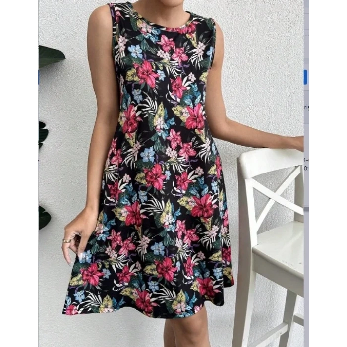 USLUCAN ALIŞVERİŞ Kadın Renkli çiçek Baskılı Süprem Elbise