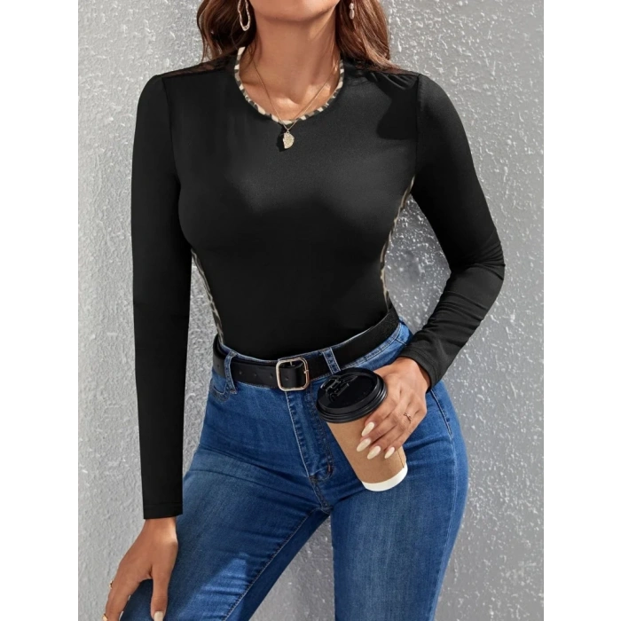 USLUCAN ALIŞVERİŞ Kadın Uzun Kollu Leopar şeritli Viskon Bluz