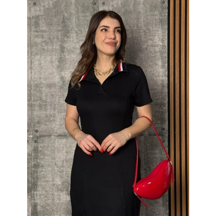 USLUCAN ALIŞVERİŞ Kadın Yaka Ribanalı Çift Yırtmaçlı Elbise