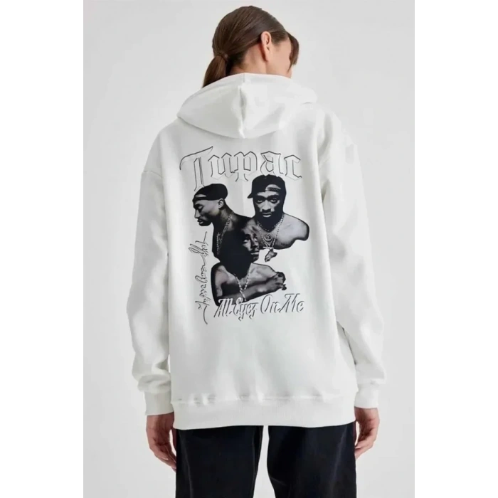 USLUCAN ALIŞVERİŞ Kapüşonlu Sırt Baskılı Üç İplik Oversize Sweatshirt - Beyaz