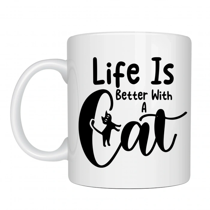 USLUCAN ALIŞVERİŞ Kedi Severlere Özel “Life Is Better With A Cat” Kupa MODEL 181 – Sevimli Kedi Tasarımlı Porselen Kahve Kupası – Hediyelik Kupa