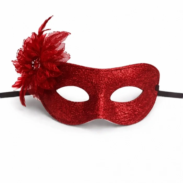USLUCAN ALIŞVERİŞ Kırmızı Simli Tüylü Balo Maskesi