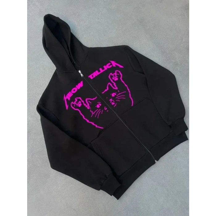 USLUCAN ALIŞVERİŞ Kışlık Baskılı Fermuarlı Kapüşonlu Hırka - Siyah