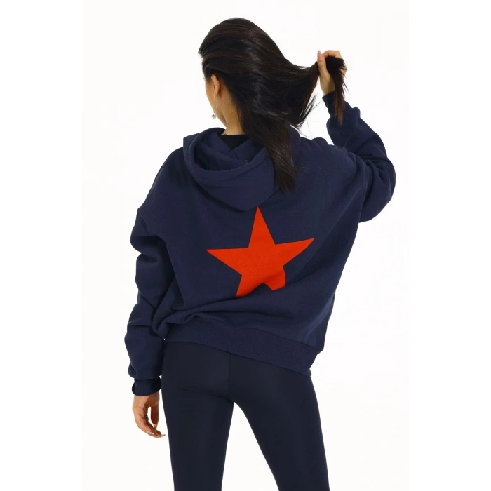 USLUCAN ALIŞVERİŞ Kore Model Yıldız Baskılı Kanguru Cepli Kadın Sweat Lacivert