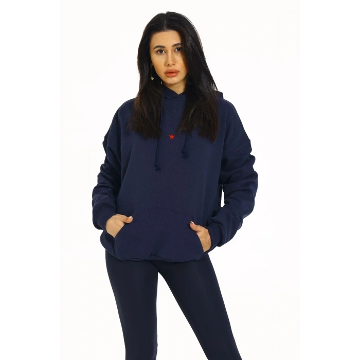 USLUCAN ALIŞVERİŞ Kore Model Yıldız Baskılı Kanguru Cepli Kadın Sweat Lacivert