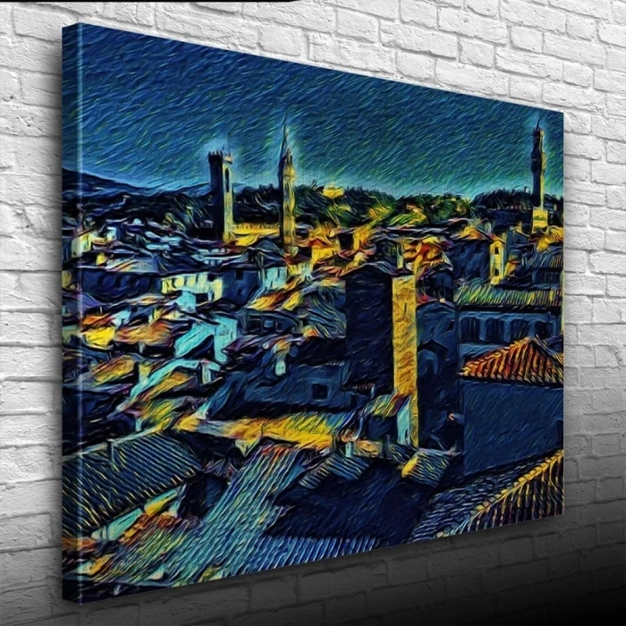 USLUCAN ALIŞVERİŞ Köy Silueti Mavi Tonlarda Kanvas Tablo 50 x 70
