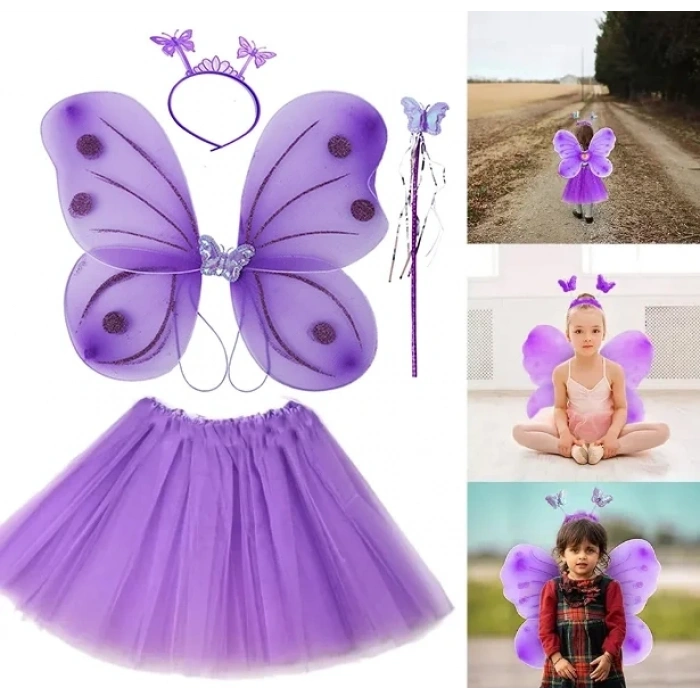USLUCAN ALIŞVERİŞ Lila Mor Kelebek Kostümü 4 Parça Set