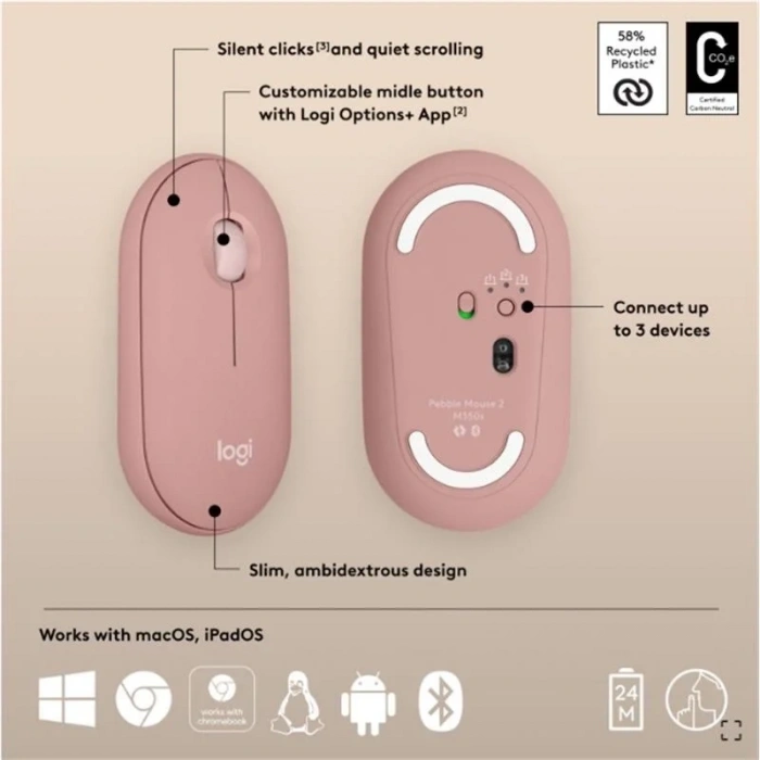 USLUCAN ALIŞVERİŞ LOGITECH PEBBLE 2 M350S KABLOSUZ BLUETOOTH SESSİZ OPTİK MOUSE PEMBE 910-007014