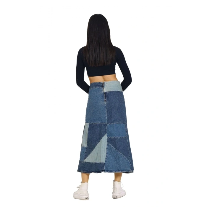 USLUCAN ALIŞVERİŞ Mavi Patchwork Desenli Denim Kot Etek