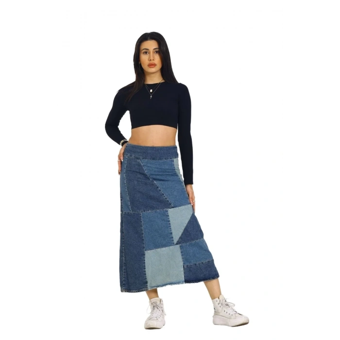 USLUCAN ALIŞVERİŞ Mavi Patchwork Desenli Denim Kot Etek