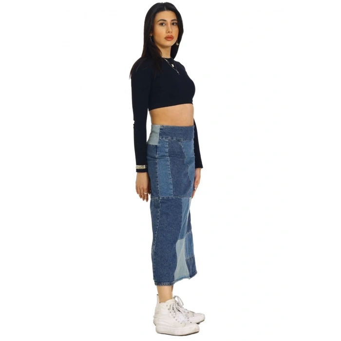 USLUCAN ALIŞVERİŞ Mavi Patchwork Desenli Denim Kot Etek