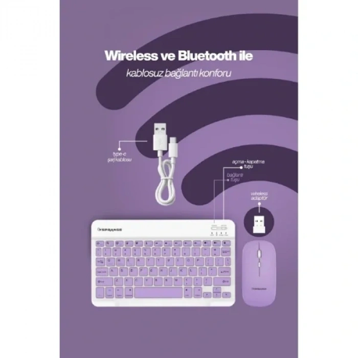 USLUCAN ALIŞVERİŞ Mor Kablosuz Klavye Ve Mouse Seti
