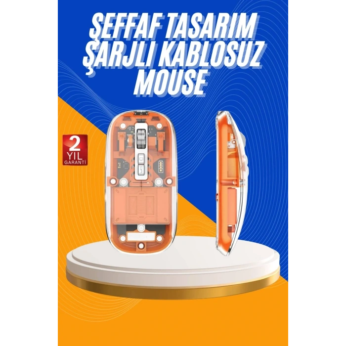 USLUCAN ALIŞVERİŞ Mouse Fare Kablosuz Mouse Fare Şarjlı Bluetooth Sessiz 5 Tuşlu Şeffaf