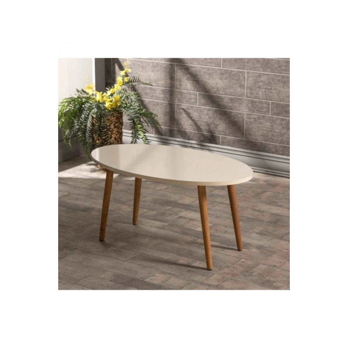 USLUCAN ALIŞVERİŞ Orta Sehpa Ahşap Torna Ayak Elips Krem