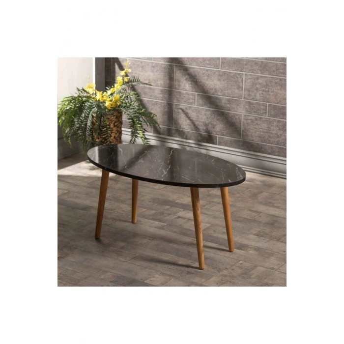 USLUCAN ALIŞVERİŞ Orta Sehpa Ahşap Torna Elips Siyah Mermer Desen