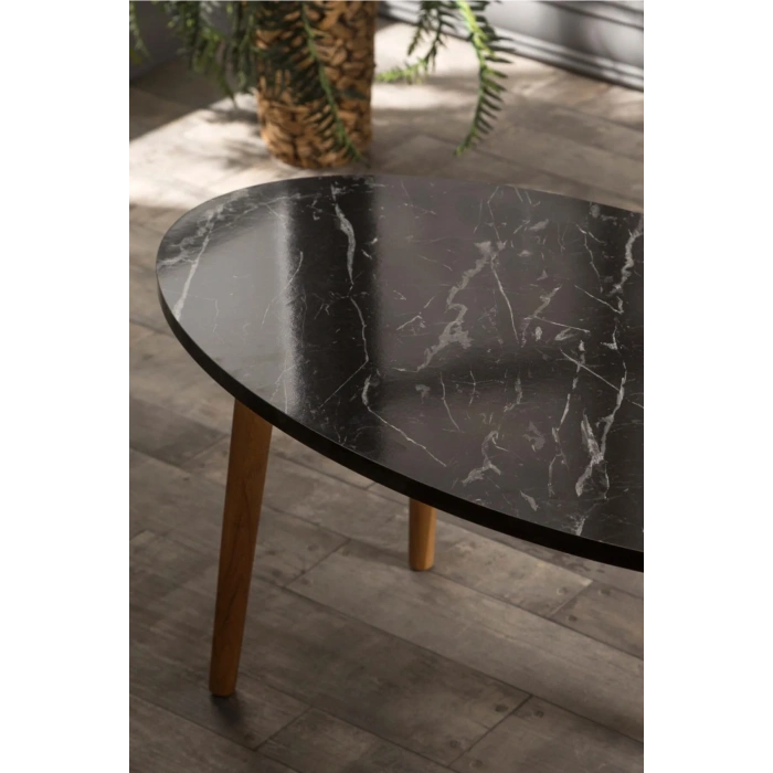 USLUCAN ALIŞVERİŞ Orta Sehpa Ahşap Torna Elips Siyah Mermer Desen