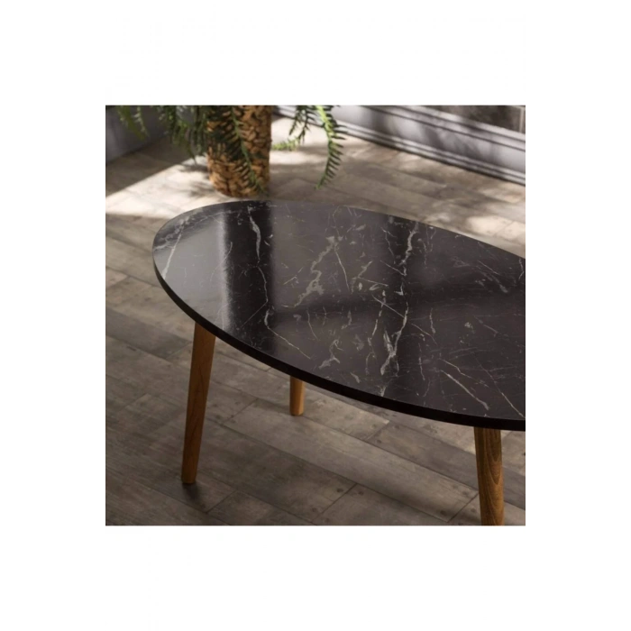 USLUCAN ALIŞVERİŞ Orta Sehpa Ahşap Torna Elips Siyah Mermer Desen