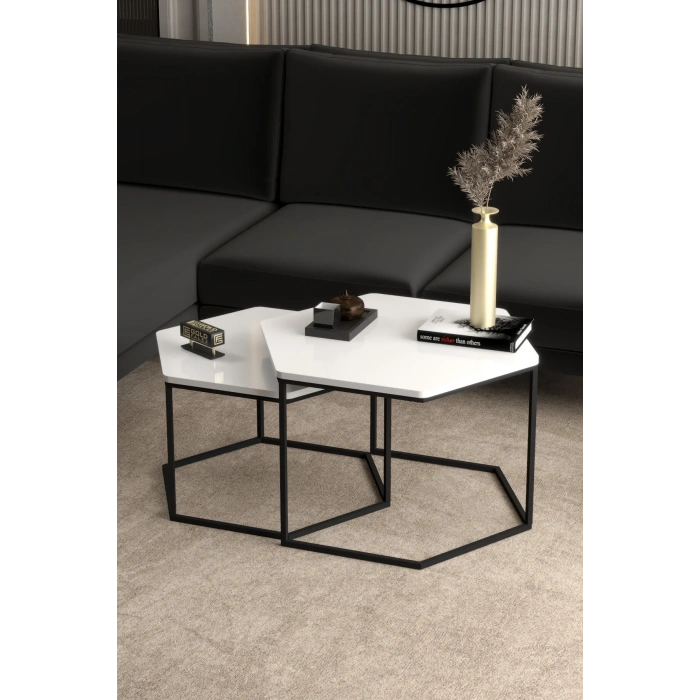 USLUCAN ALIŞVERİŞ Orta Sehpa Altıgen İkili Lüx Beyaz