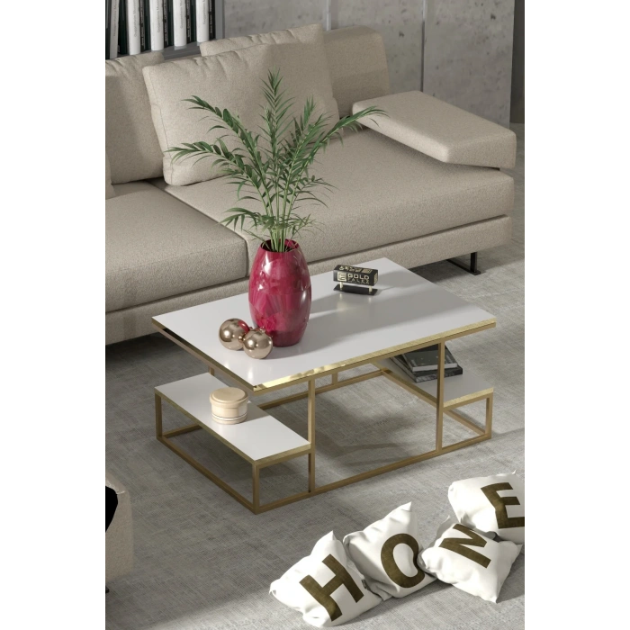 USLUCAN ALIŞVERİŞ Orta Sehpa Delux Raflı Gold Beyaz