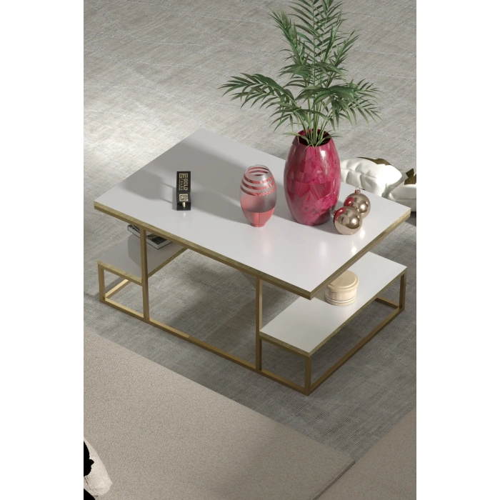 USLUCAN ALIŞVERİŞ Orta Sehpa Delux Raflı Gold Beyaz