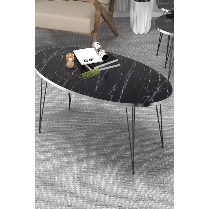 USLUCAN ALIŞVERİŞ Orta Sehpa Elips Siyah Tel Ayak Gümüş Bendir