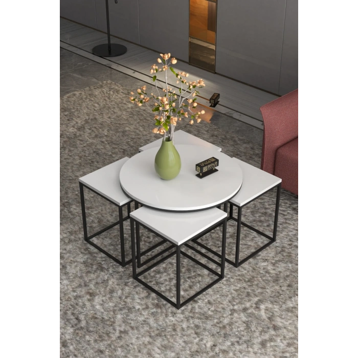 USLUCAN ALIŞVERİŞ Orta Sehpa Ve Zigon Sehpa Oval Lüx 5Li Set Beyaz