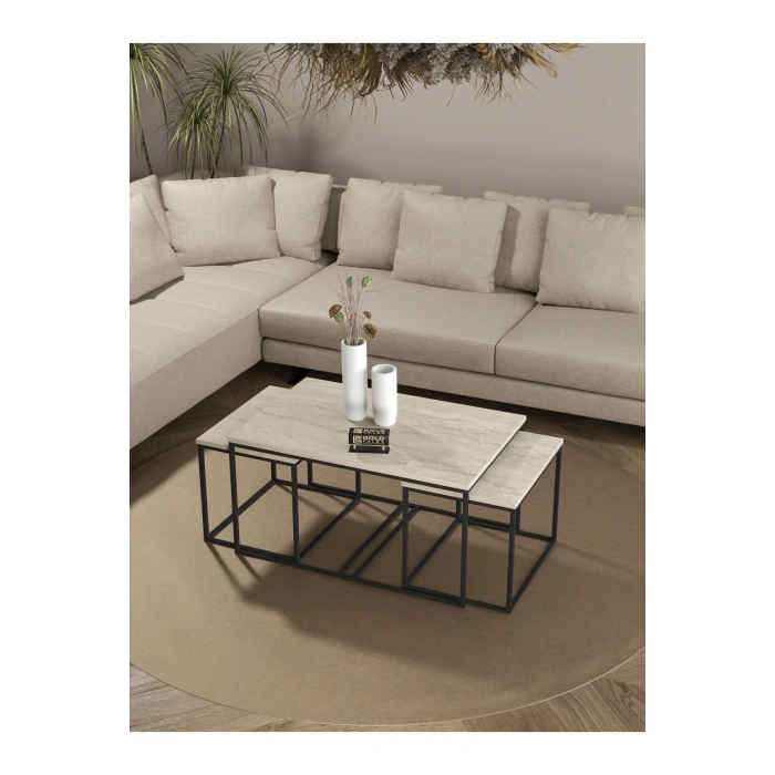 USLUCAN ALIŞVERİŞ Orta Sehpa Ve Zigon Yan Sehpa Flora Set Traverten