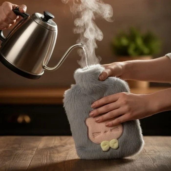 USLUCAN ALIŞVERİŞ Papyonlu Kedi Figürlü Mavi Peluş Sıcak Su Torbası 1 Litre