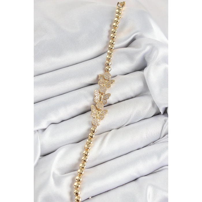 Pirinç Zirkon Taşlı Kelebek Model Gold Renk Kadın Bileklik