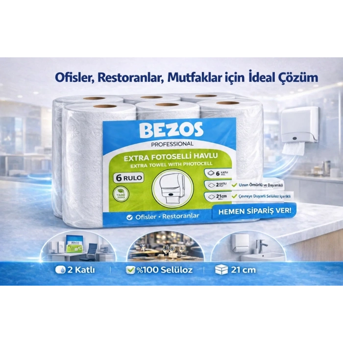 USLUCAN ALIŞVERİŞ Professional Fotoselli Havlu 18 Rulo – 2 Katlı %100 Selüloz 21 cm Endüstriyel Kağıt Havlu 3X6 Rulo
