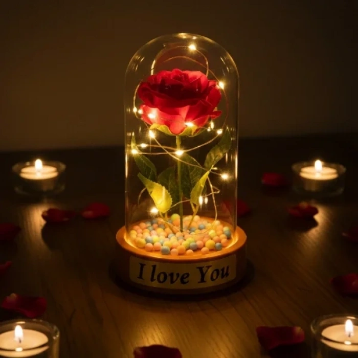 USLUCAN ALIŞVERİŞ Renkli Toplu Ledli Gül Fanus