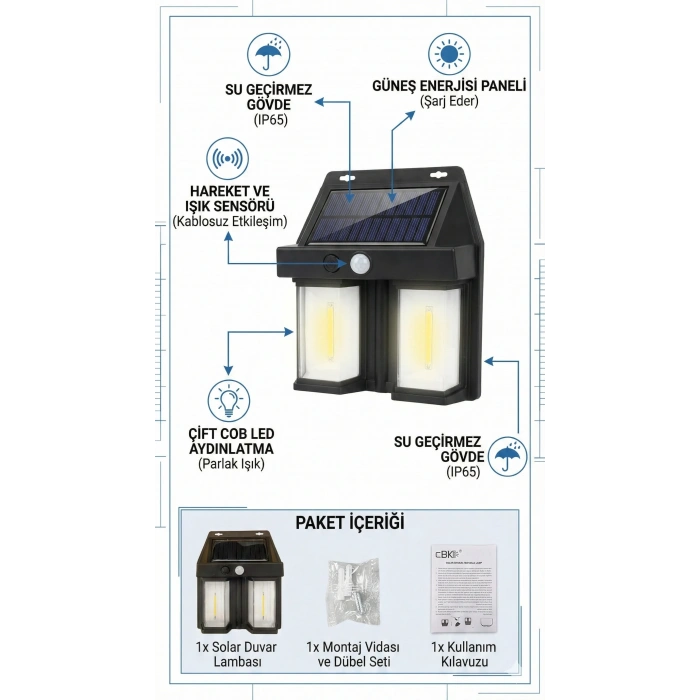 USLUCAN ALIŞVERİŞ Rustik Ampul İkili Solar Duvar Aplik Güneş Enerjili Hareket Sensörlü