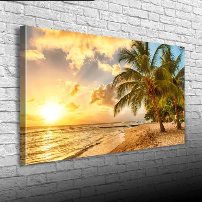USLUCAN ALIŞVERİŞ Sahilde Palmiyeler ve Günbatımı Kanvas Tablo 60 x 120