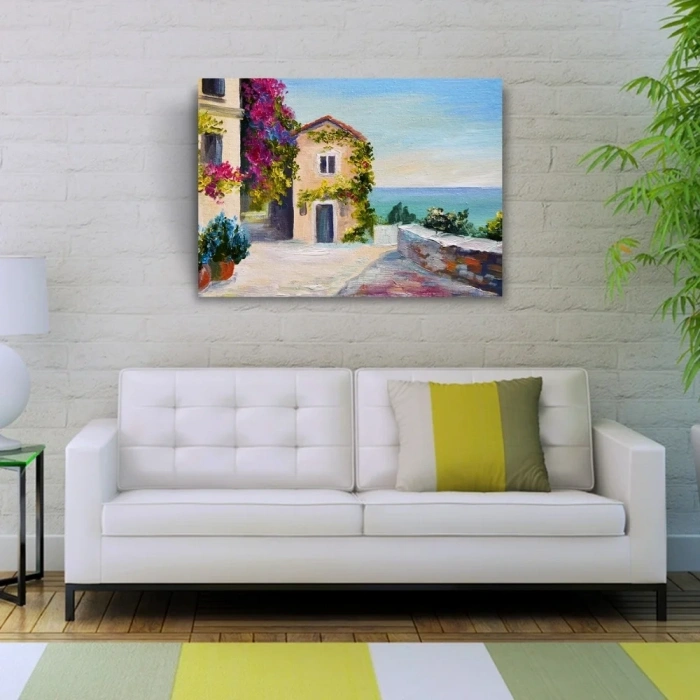 USLUCAN ALIŞVERİŞ Sahildeki Sarmaşıklı Ev Yağlıboya Kanvas Tablo 50 x 70