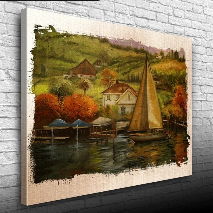 USLUCAN ALIŞVERİŞ Sahildeki Yelkenli Yağlıboya Kanvas Tablo 50 x 70