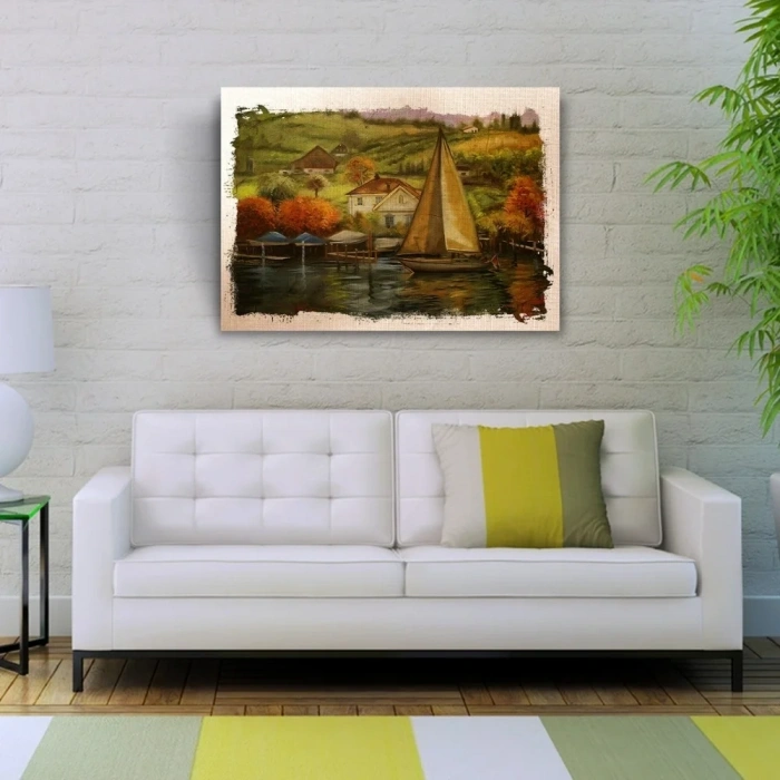 USLUCAN ALIŞVERİŞ Sahildeki Yelkenli Yağlıboya Kanvas Tablo 50 x 70