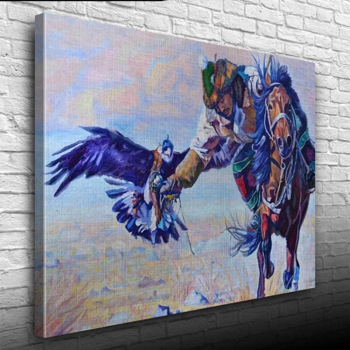 USLUCAN ALIŞVERİŞ Şahin İle Avlanan Atlı Yağlıboya Kanvas Tablo 50 x 70