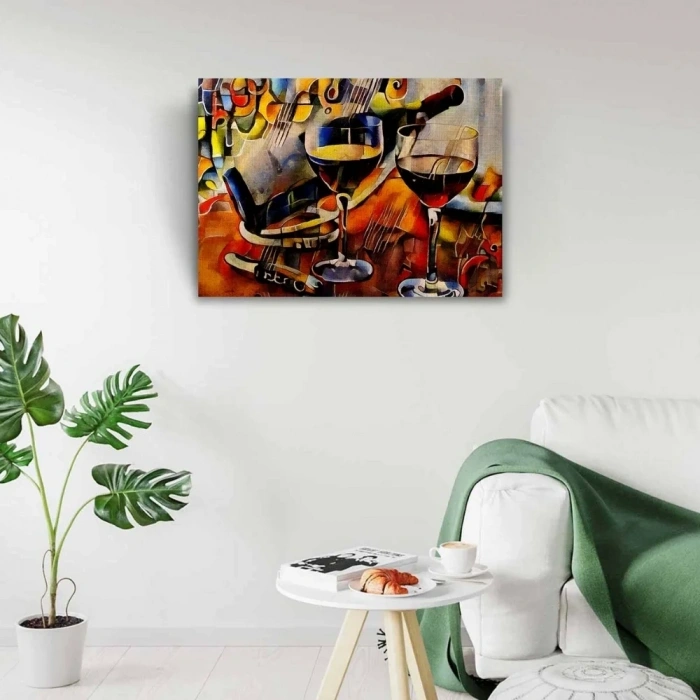 USLUCAN ALIŞVERİŞ Şarap Şişesi ve Kadehler Kanvas Tablo 50 x 70