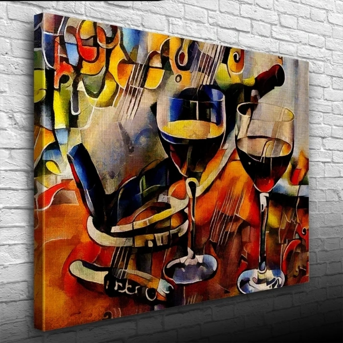 USLUCAN ALIŞVERİŞ Şarap Şişesi ve Kadehler Kanvas Tablo 50 x 70