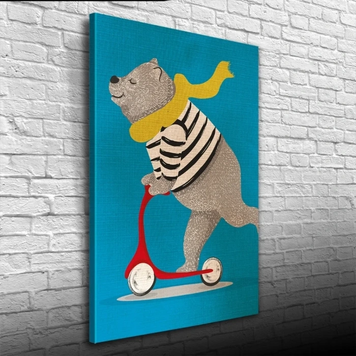 USLUCAN ALIŞVERİŞ Scooter Süren Sevimli Ayı Kanvas Tablo 50 x 70