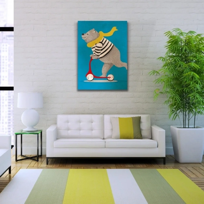 USLUCAN ALIŞVERİŞ Scooter Süren Sevimli Ayı Kanvas Tablo 50 x 70
