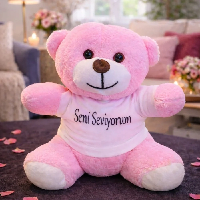 USLUCAN ALIŞVERİŞ Seni Seviyorum Tişörtlü Pembe Peluş Ayıcık
