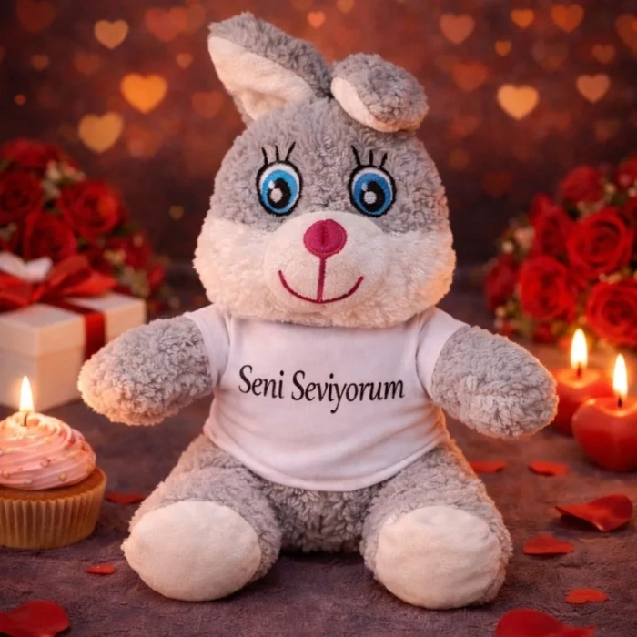 USLUCAN ALIŞVERİŞ Seni Seviyorum Tişörtlü Sevimli Peluş Tavşan