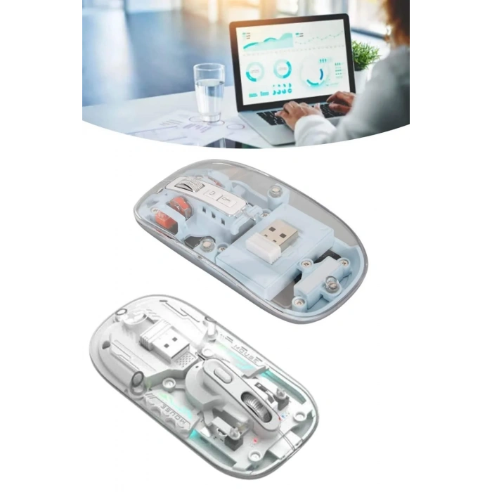 USLUCAN ALIŞVERİŞ Sessiz Tıklama Çift Modlu Bluetooth Ve Alıcı Şeffaf Mouse Fare